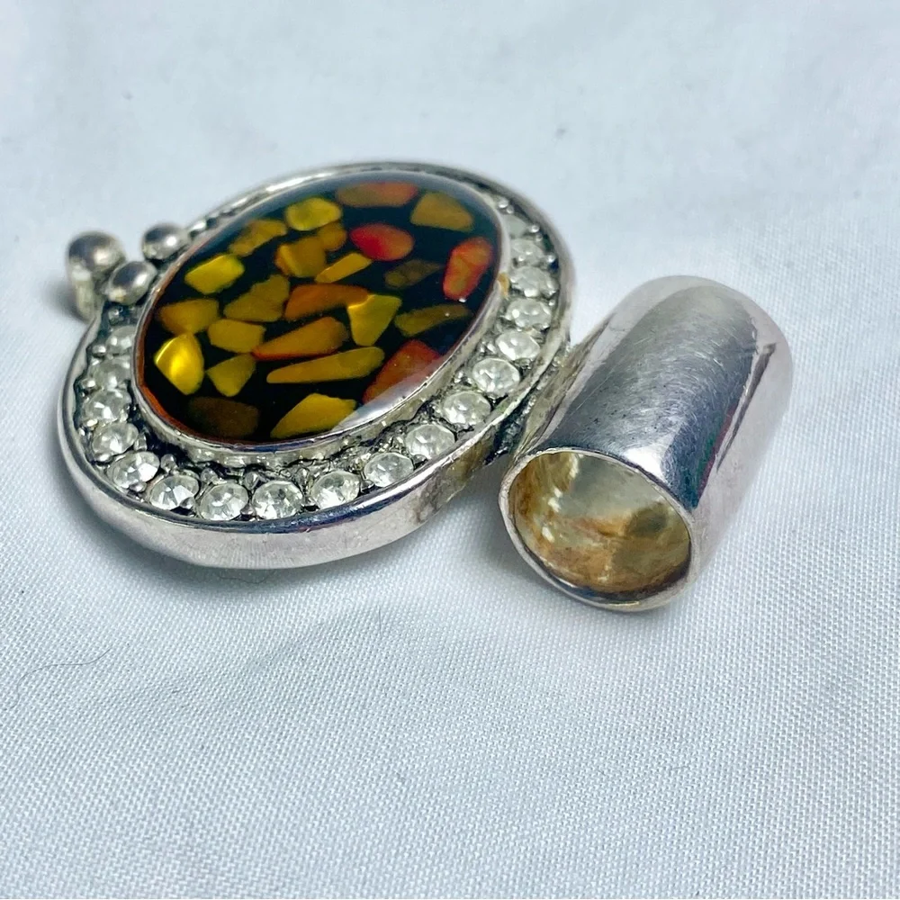 VTG Oval Amber Mosaic Pendant Necklace Crystal Halo + Matching Clip-On Earrings